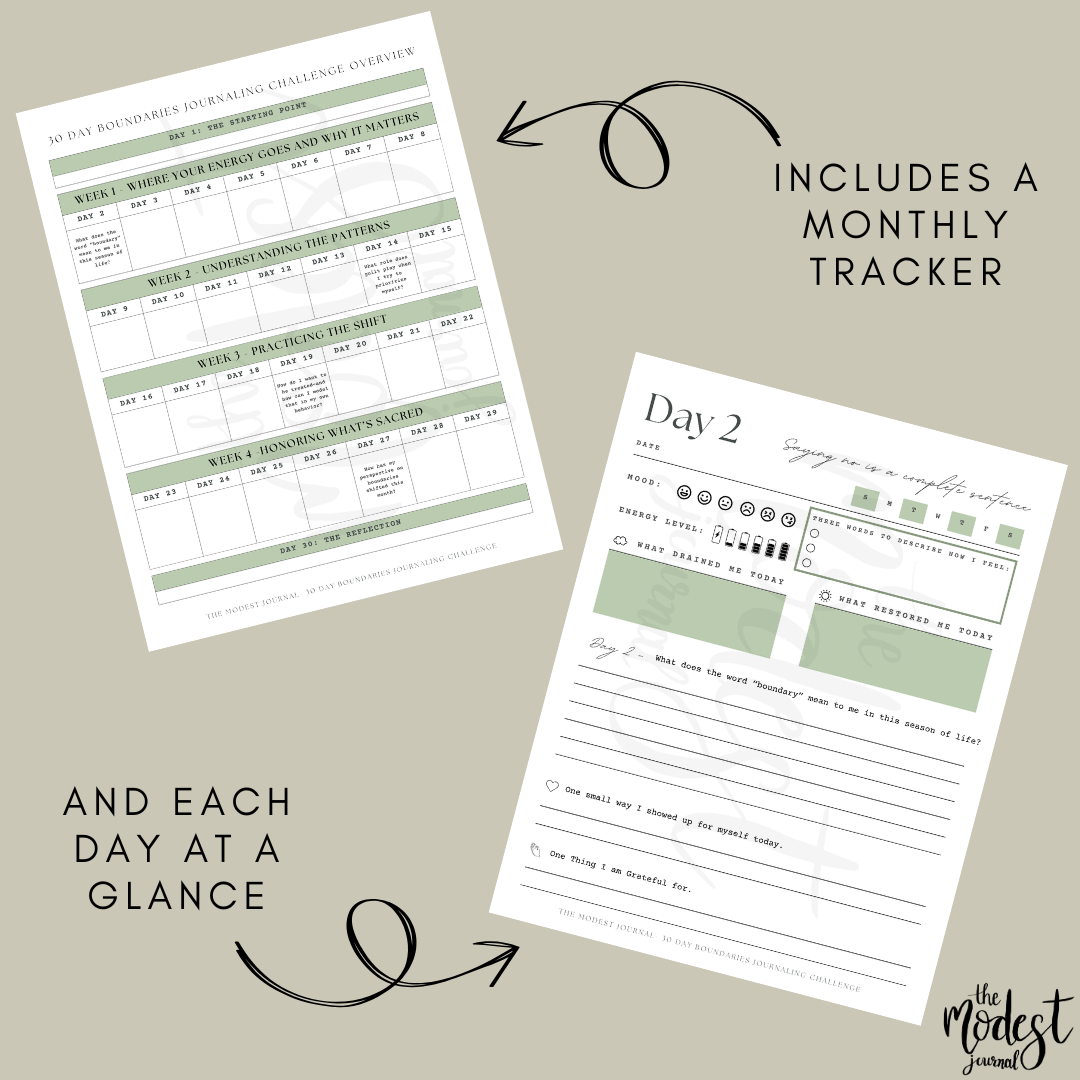 30-day journaling challenge with printable pages for setting boundaries. Green and beige color scheme.