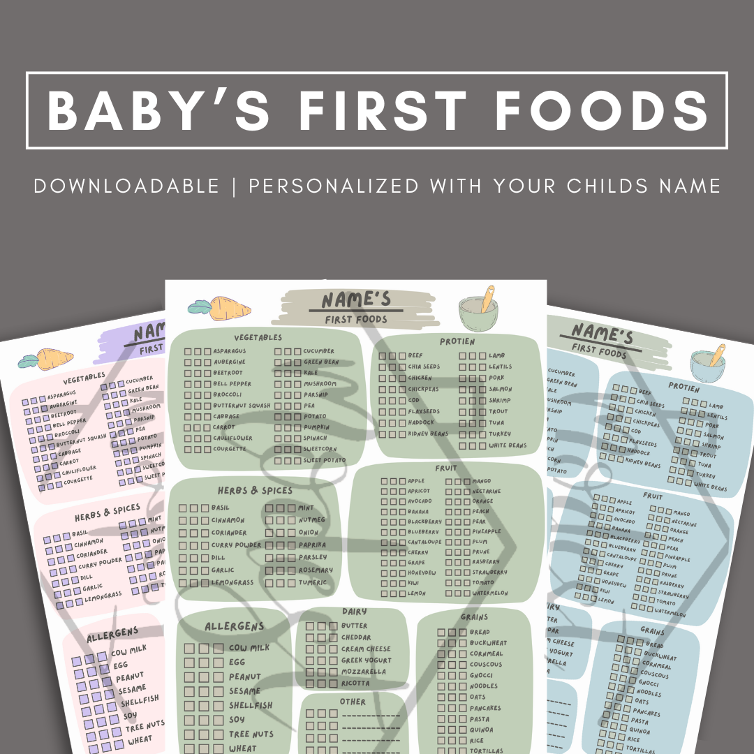 Baby's first foods printable checklist. Features colored pages, a list of foods, and space for a child's name.