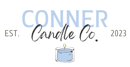 Conner Candle Co. logo with light blue text and candle illustration. 