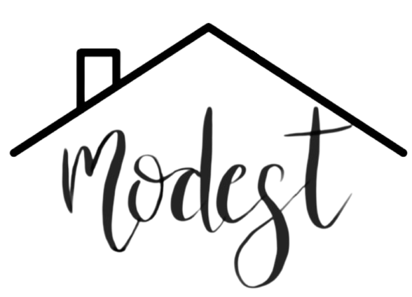 Black line art logo: house silhouette over the word