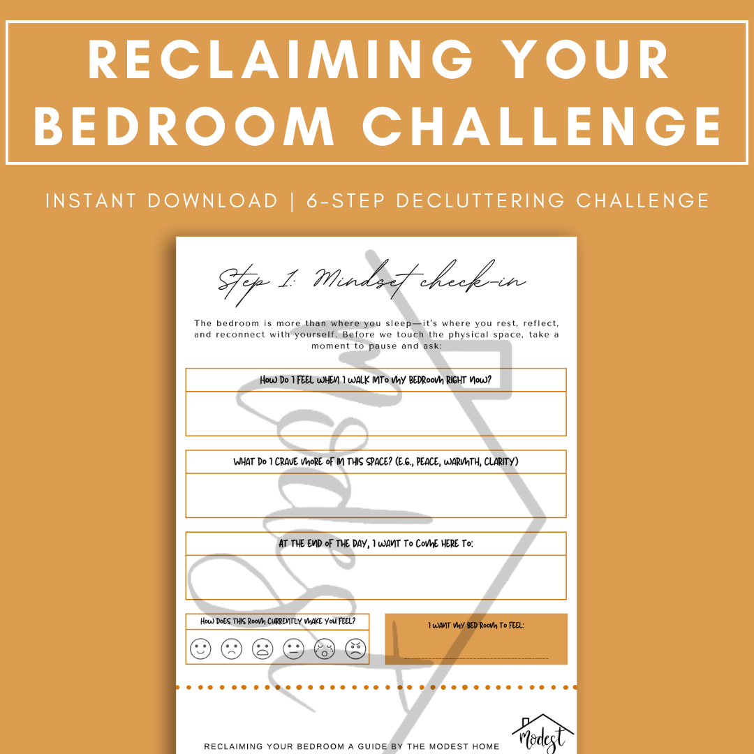 Flyer for a bedroom decluttering challenge, with a mustard yellow background and a checklist for Step 1.
