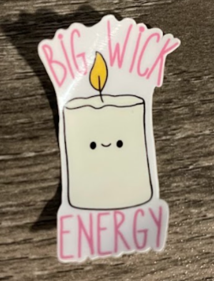 A sticker of a cute candle with a flame, smiling, with 