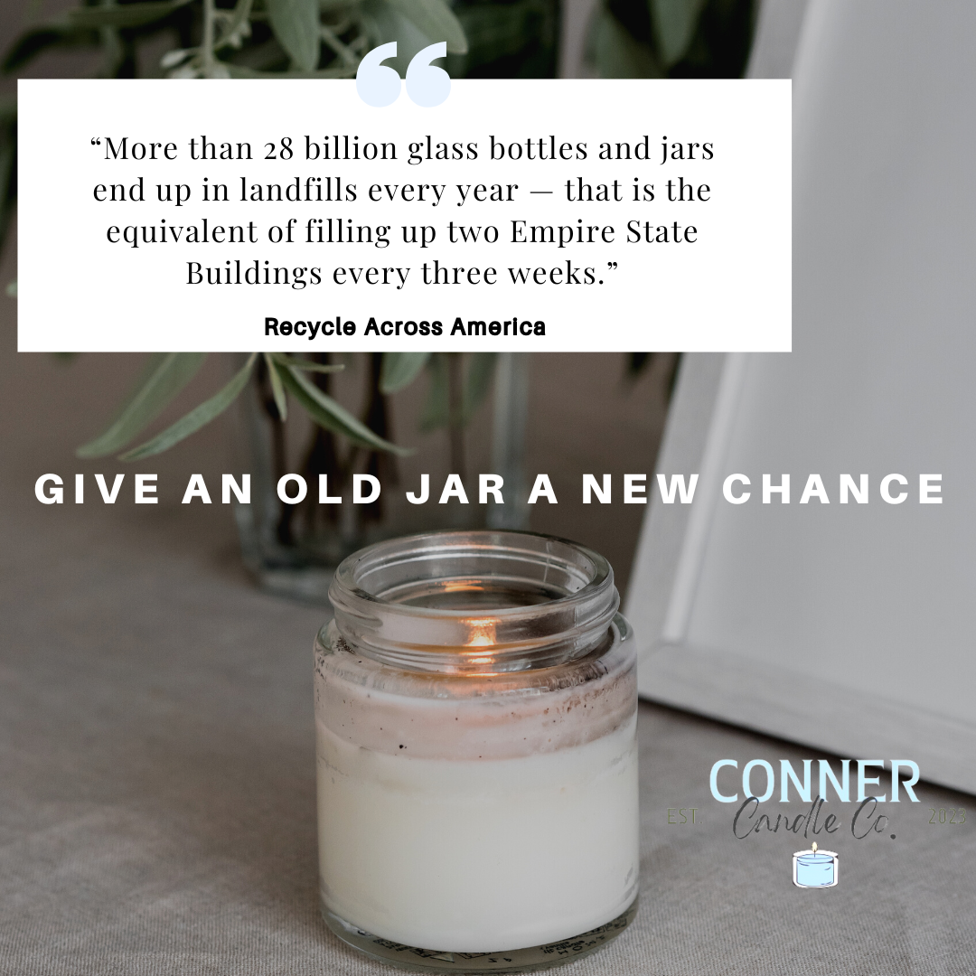Candle in a repurposed jar on a table, promoting recycling with text about glass bottle waste.