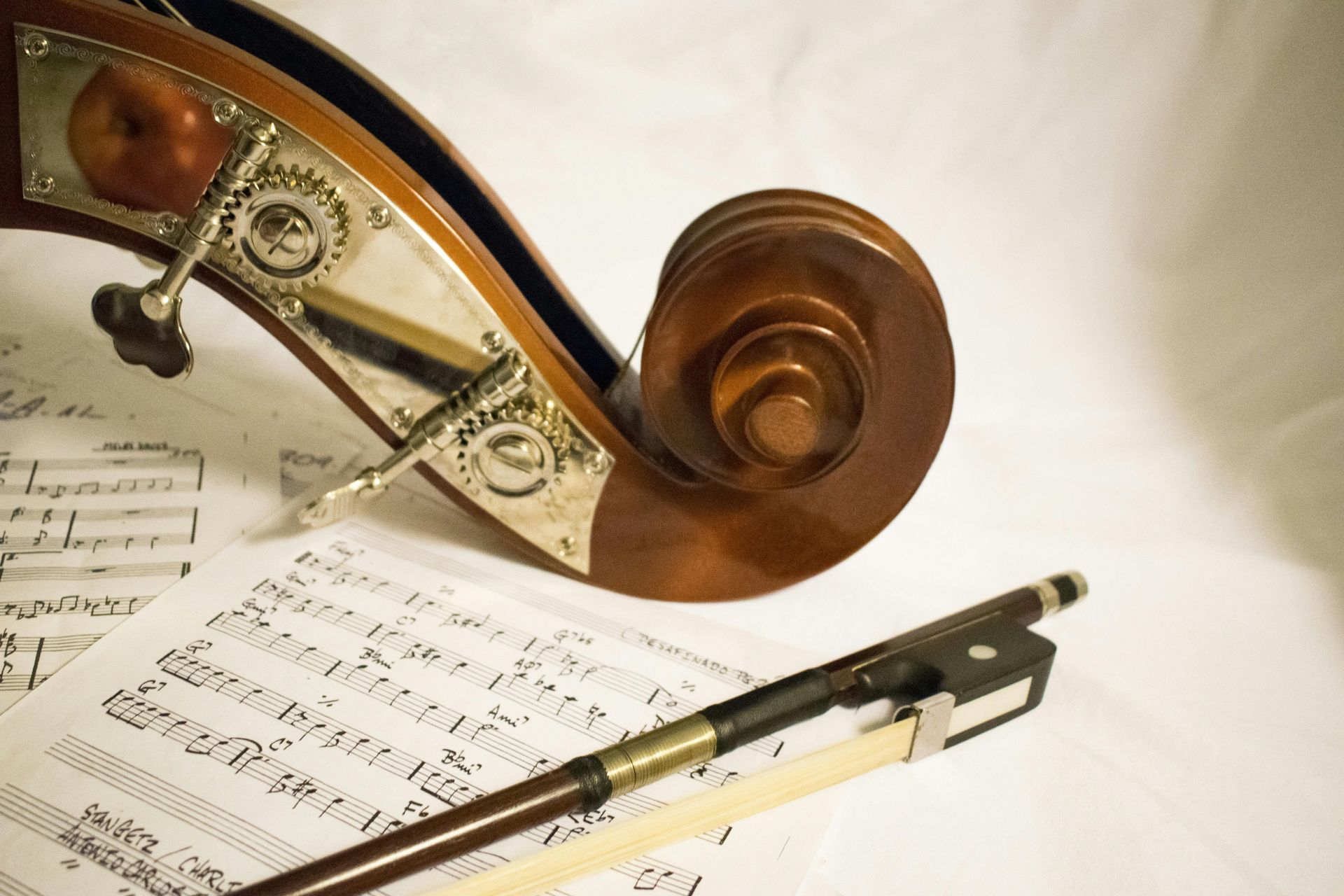 Scroll and tuning pegs of a double bass, bow, and sheet music on a white surface.