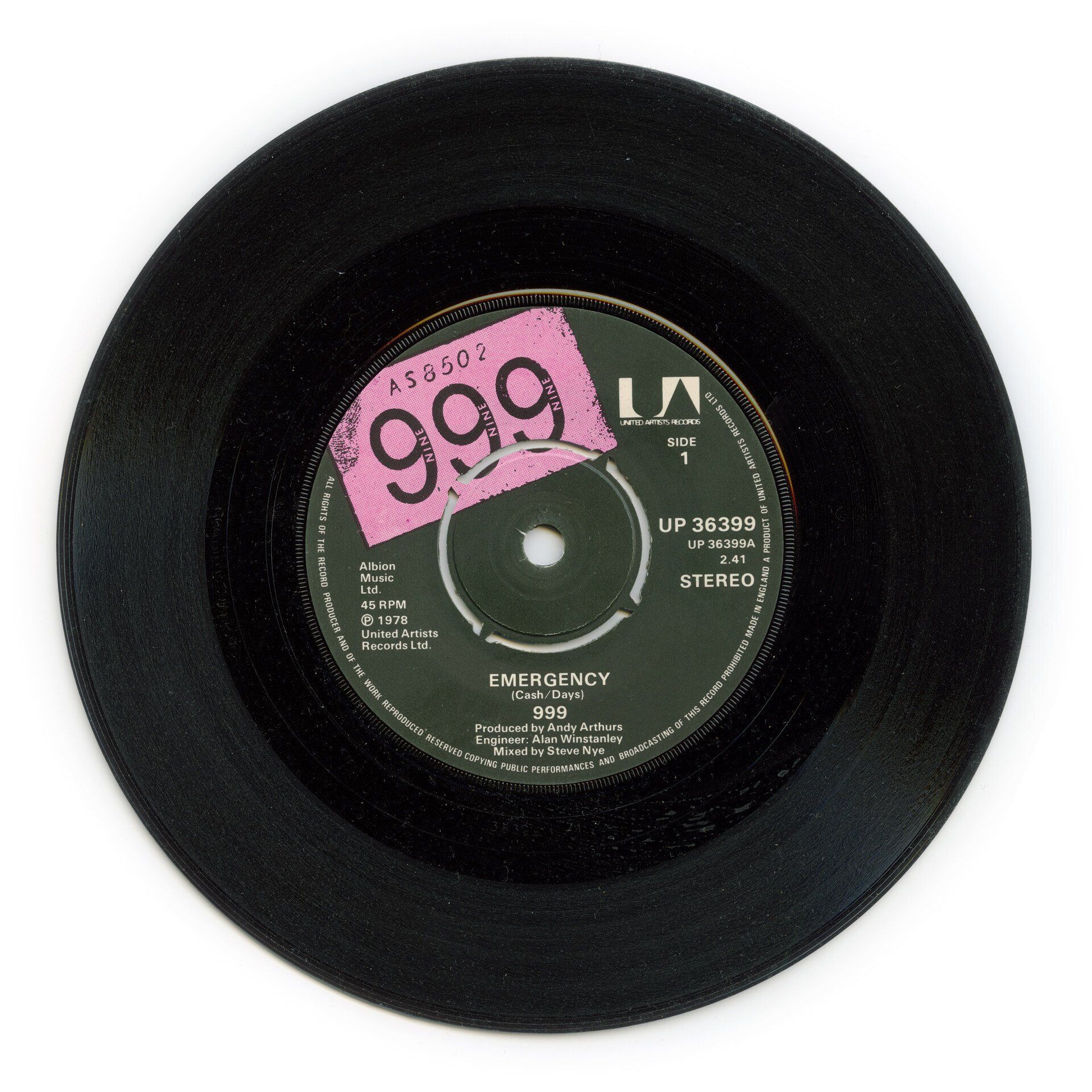 A black 7-inch vinyl record with a pink price sticker on the label.