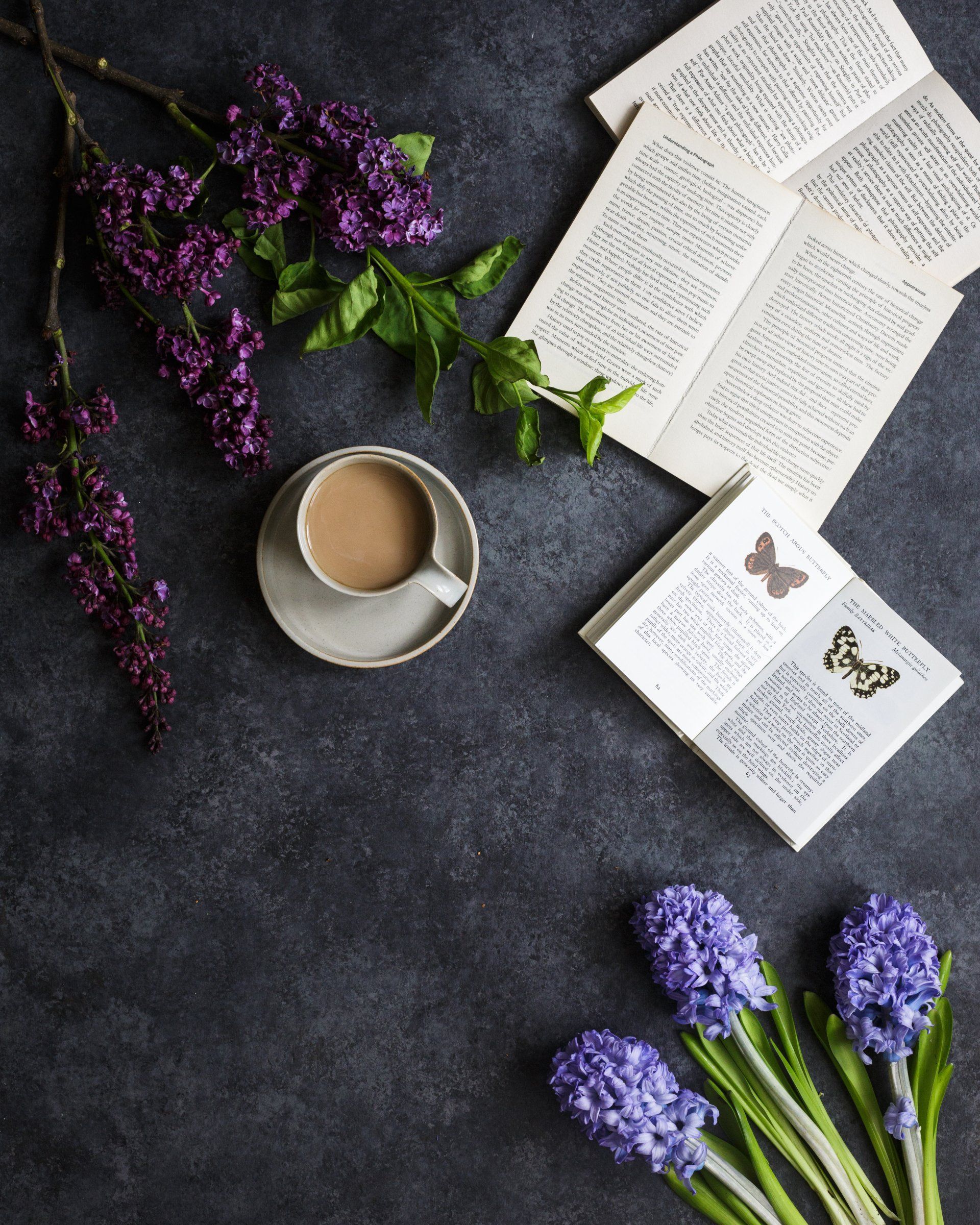 Coffee and book with butterfly illustrations, purple flowers, on a dark textured surface.