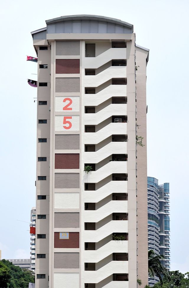 Tall, light-colored apartment building with number 25 in red. Z-shaped open air design.