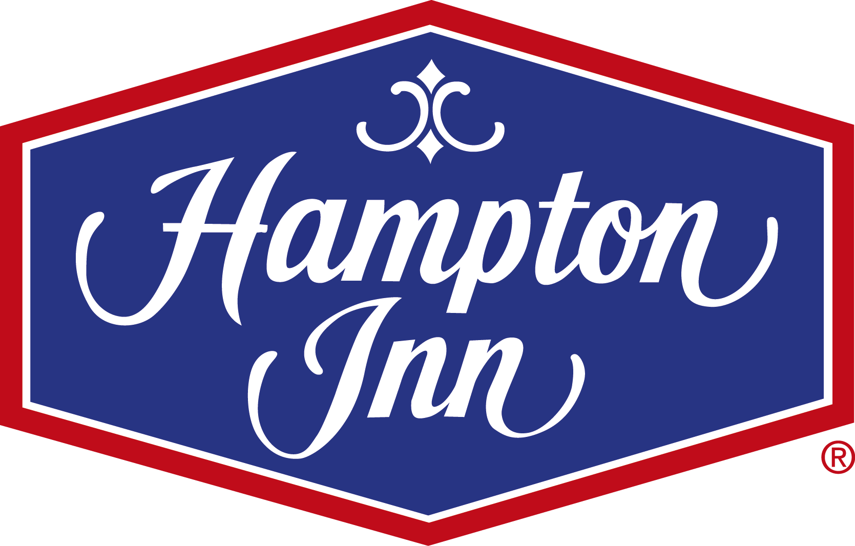 A blue and red logo for hampton inn