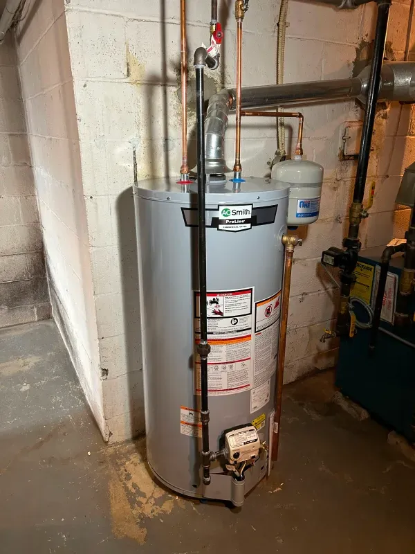 A water heater is sitting in a basement next to a wall.