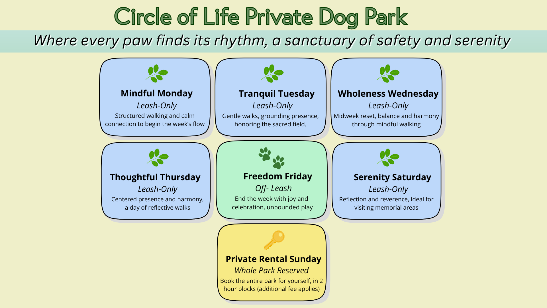 Circle of Life Private Dog Park schedule: weekly themed days, with park logo.