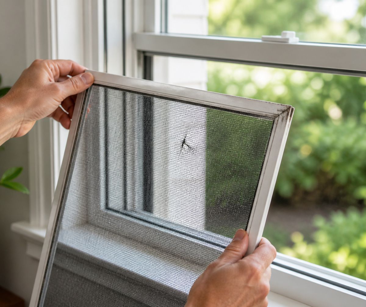 Hands holding a window screen, fitting it into an open window frame.
