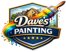 A logo for Dave&rsquo;s Painting featuring a yellow house, a rainbow paintbrush, and five gold stars on a navy shield.
