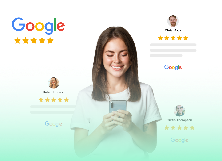 A woman is holding a cell phone in front of a google review.