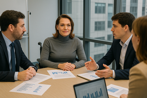 Business colleagues in a meeting around a table, reviewing documents, discussing findings of financial investigations.