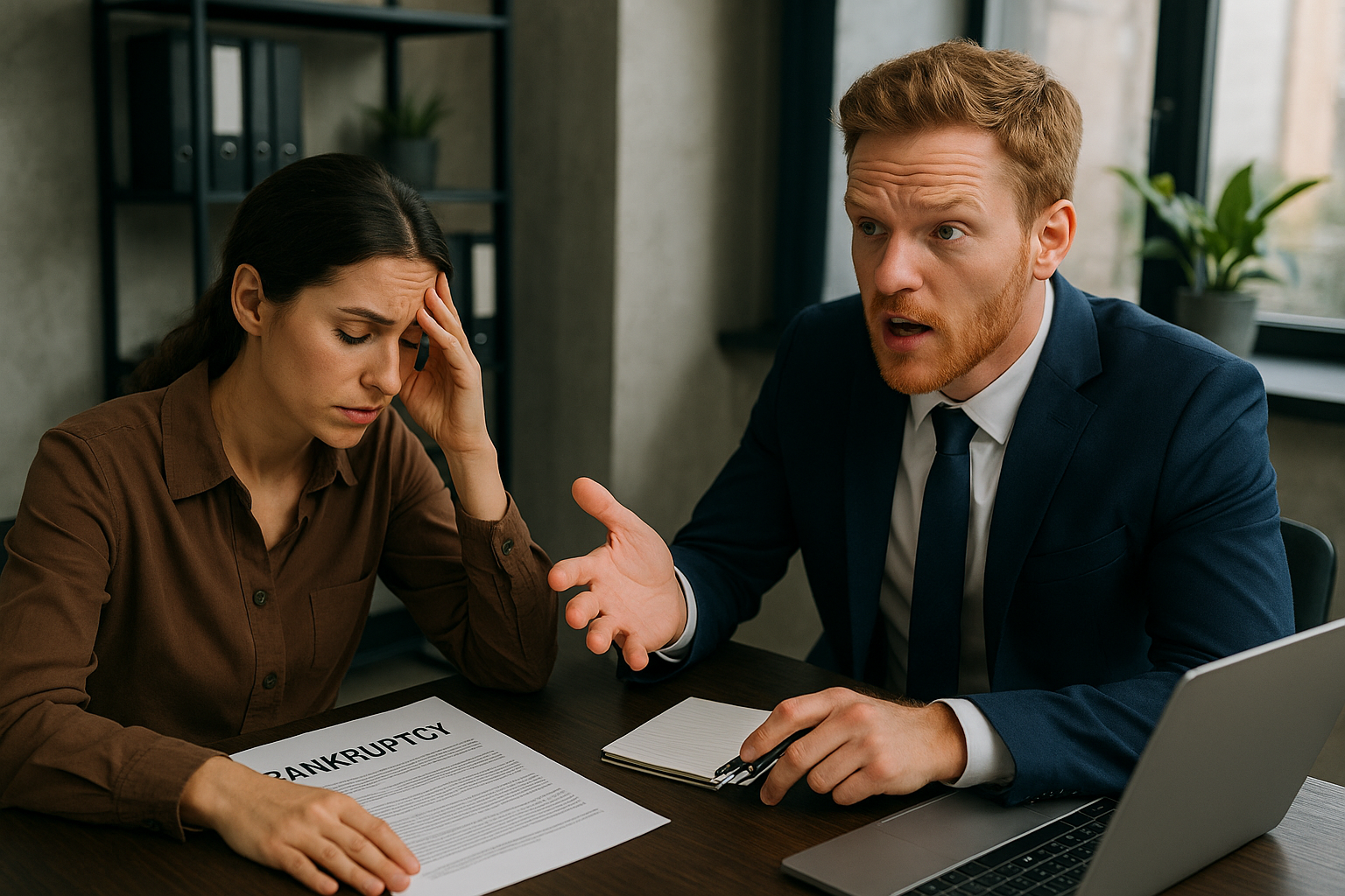 A man and a woman are sitting at a table with a laptop.
