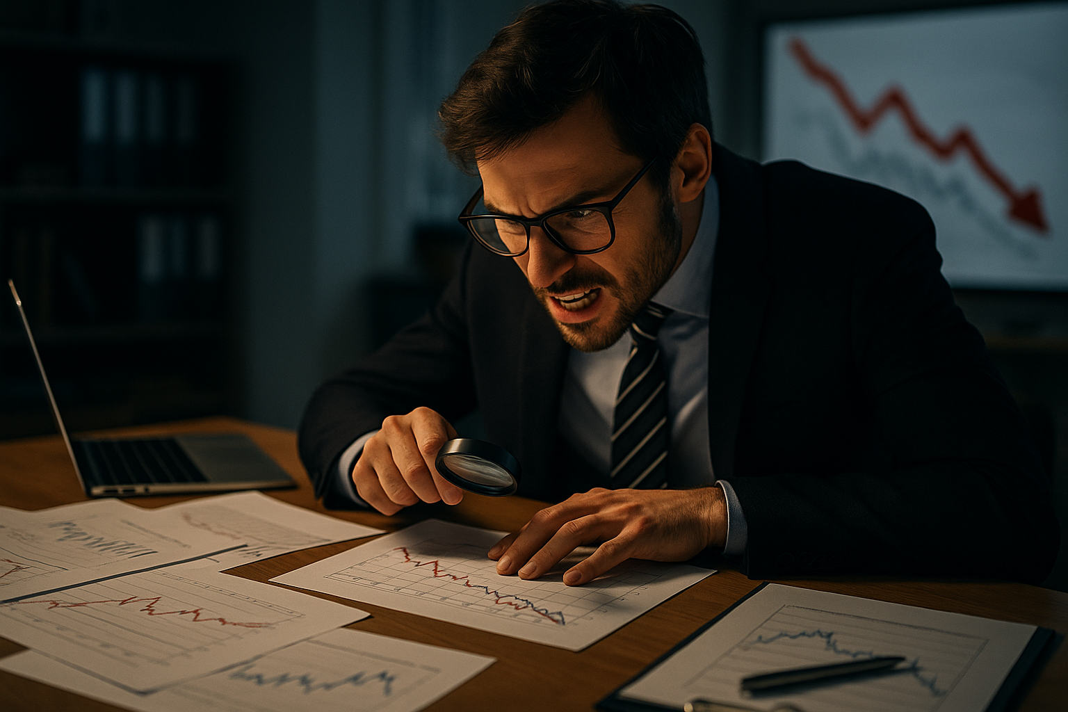 A man in a suit and tie is sitting at a desk looking at papers with a magnifying glass.
