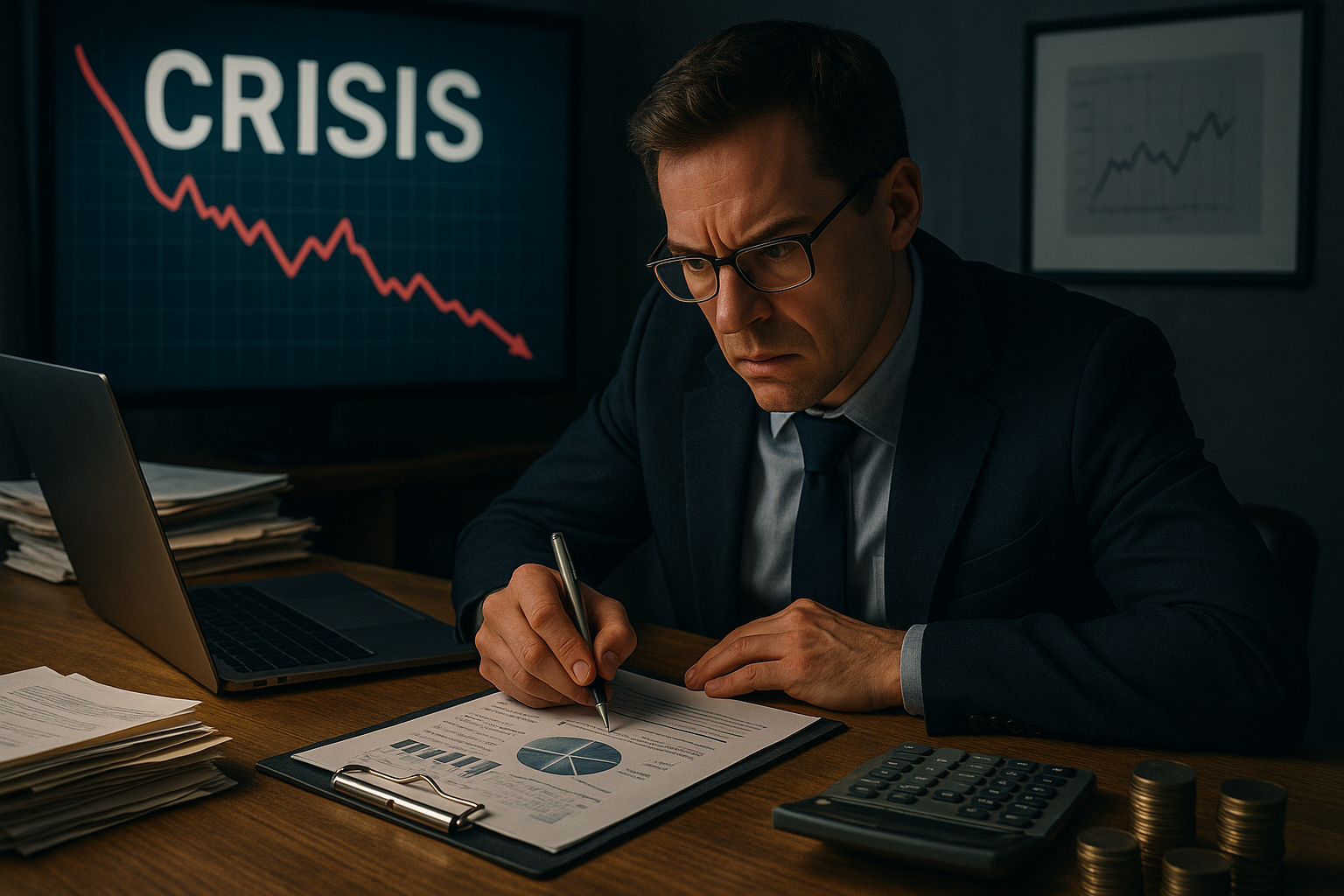 A man in a suit and tie is sitting at a desk writing on a clipboard.