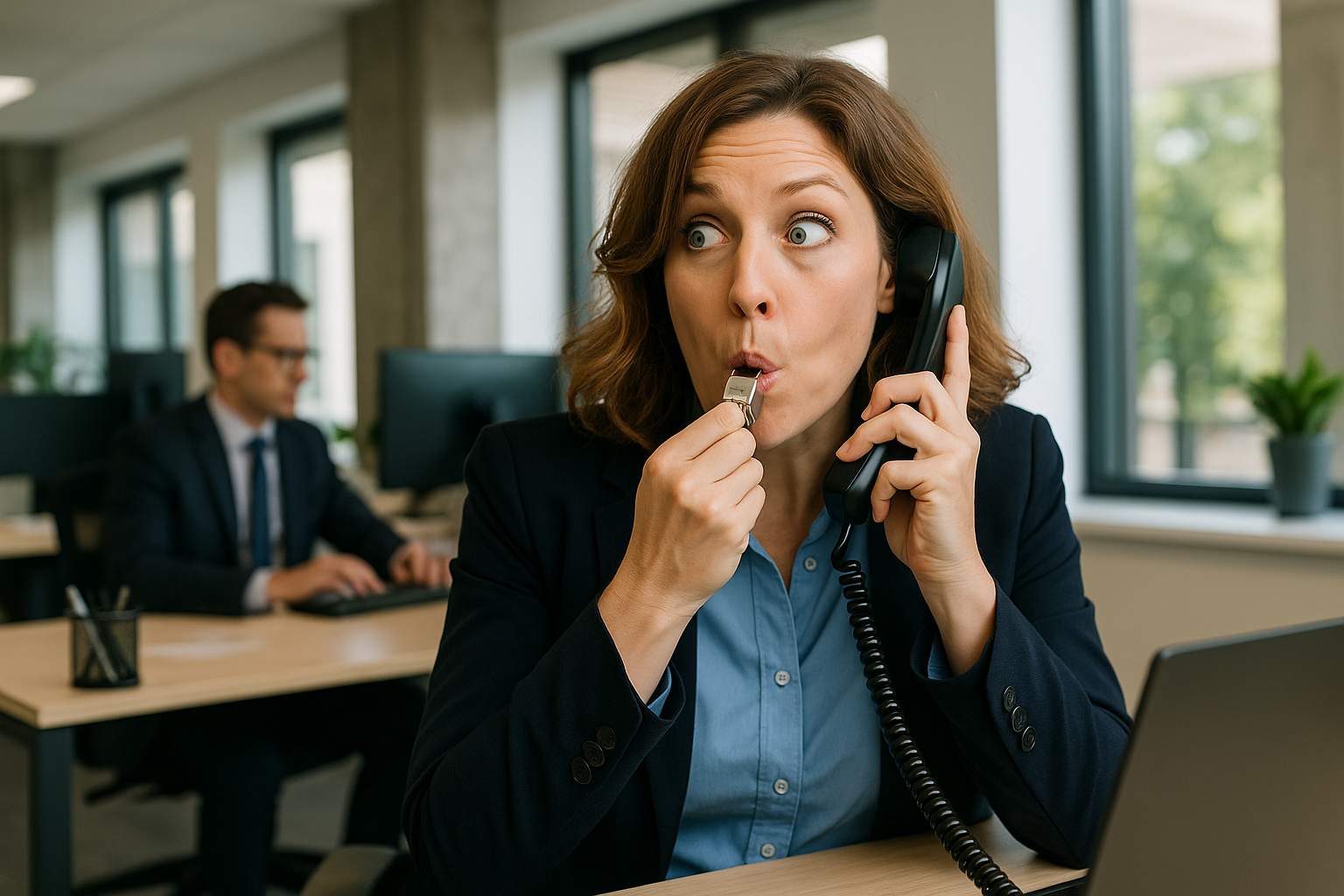 A woman is blowing a whistle while talking on a telephone in an office.