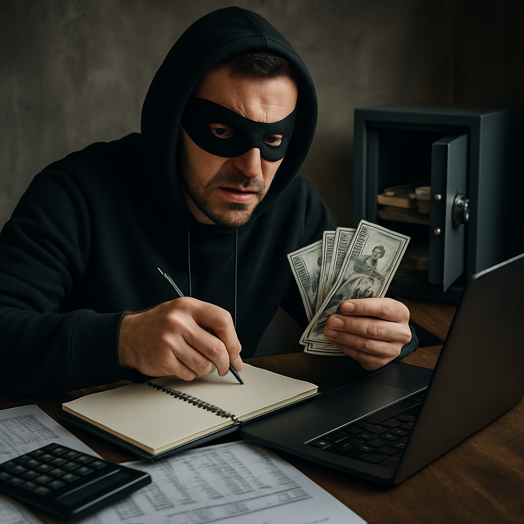 A man wearing a mask is holding money and writing in a notebook.