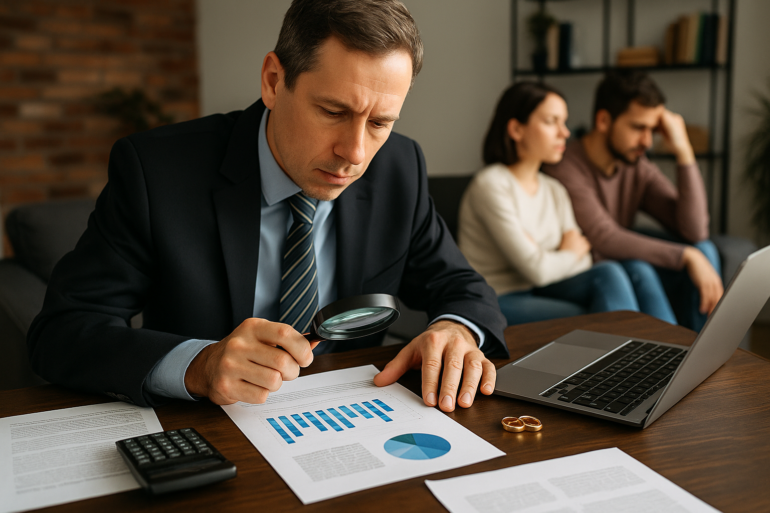 Forensic accountant examines financial charts as divorcing couple sits apart in background.