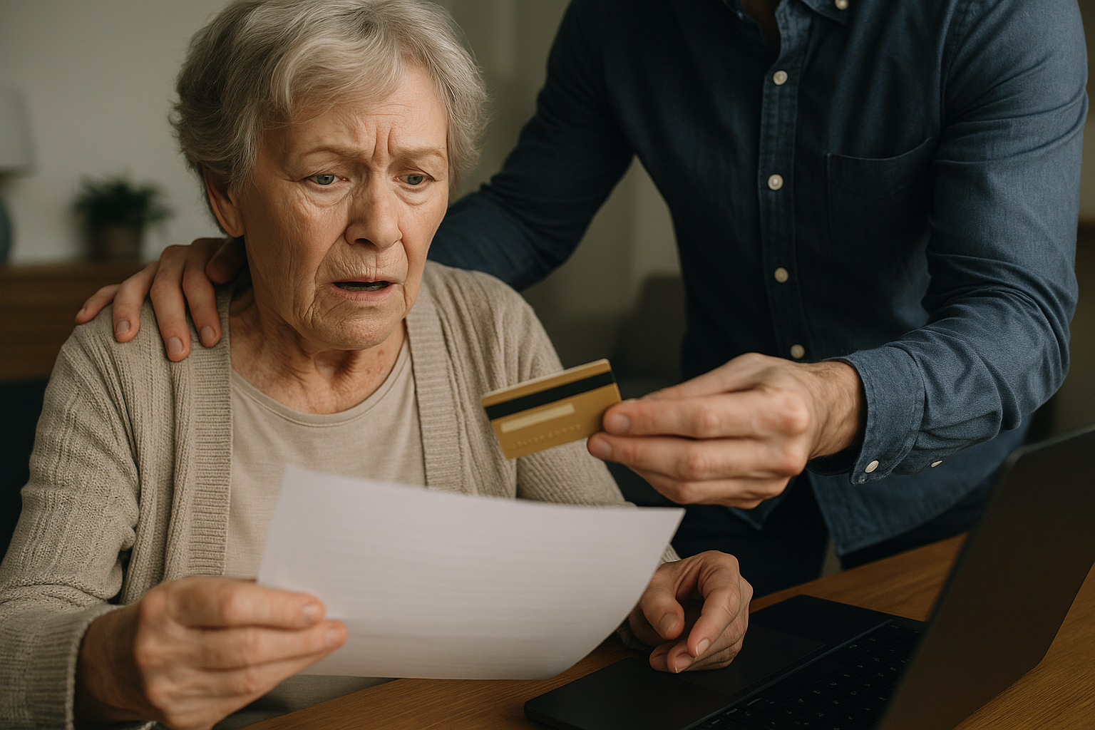 Elderly woman looks distressed holding paper as younger man shows her a credit card.