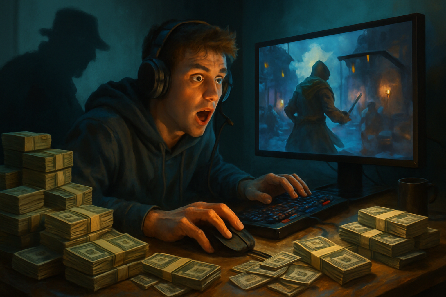 Gamer stunned at screen, surrounded by cash, with shadowy figure looming in the background.