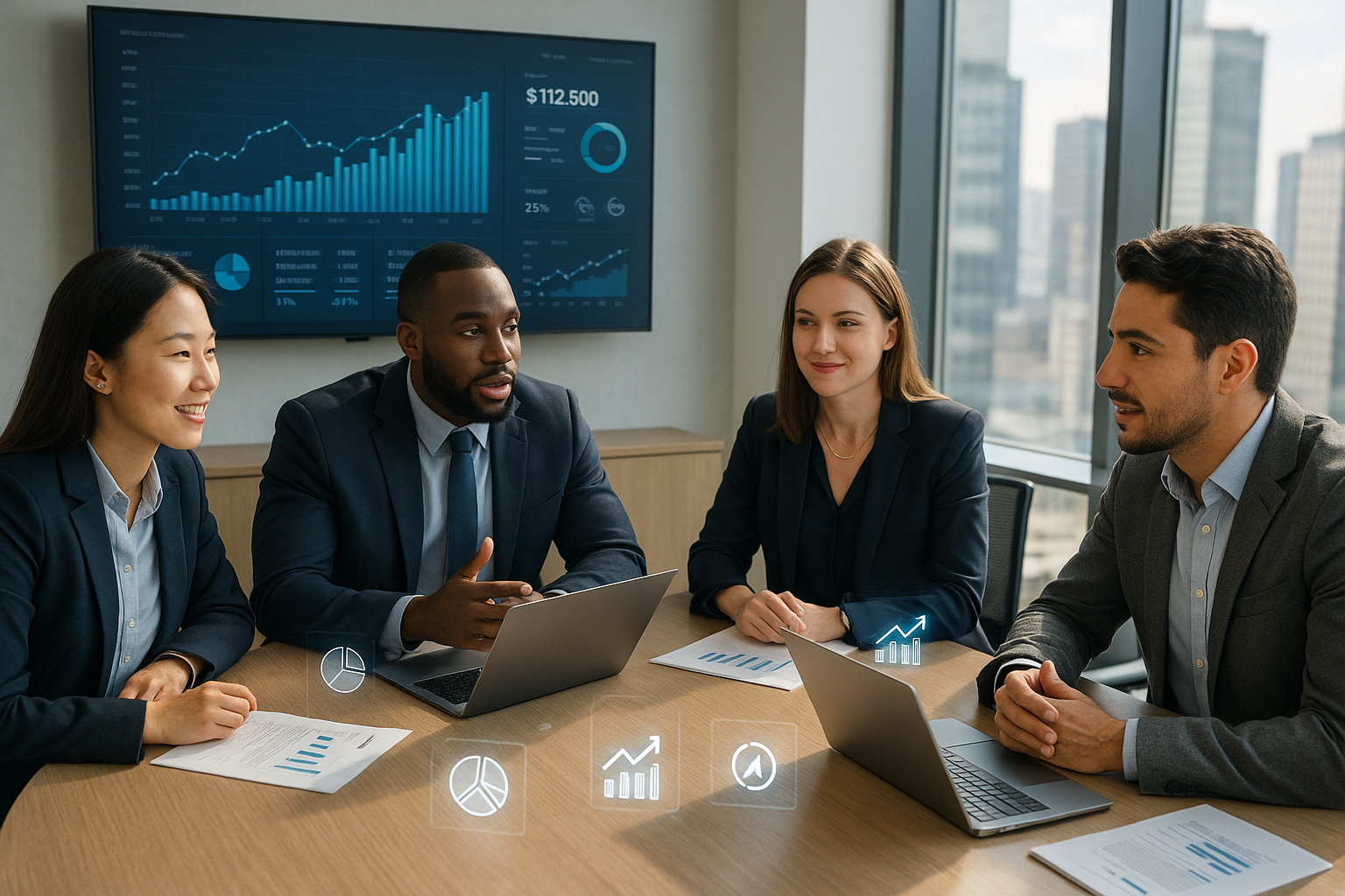 A man is giving a presentation to a group of business people in a conference room.