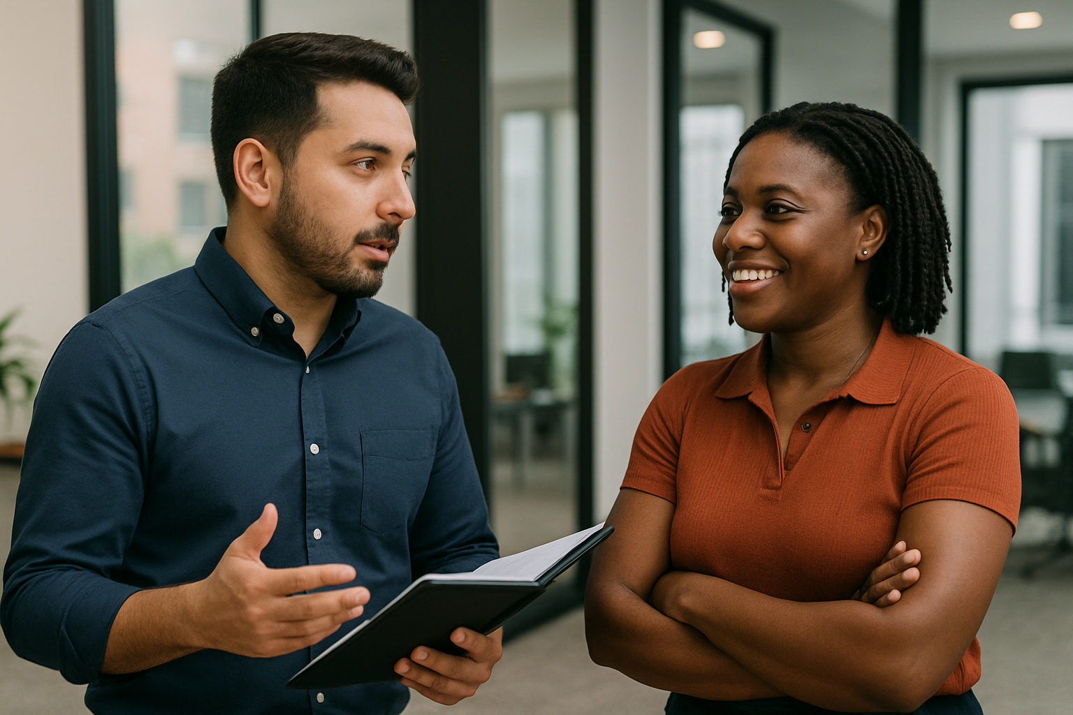 A man and a woman are standing next to each other and talking . the woman is holding a clipboard.