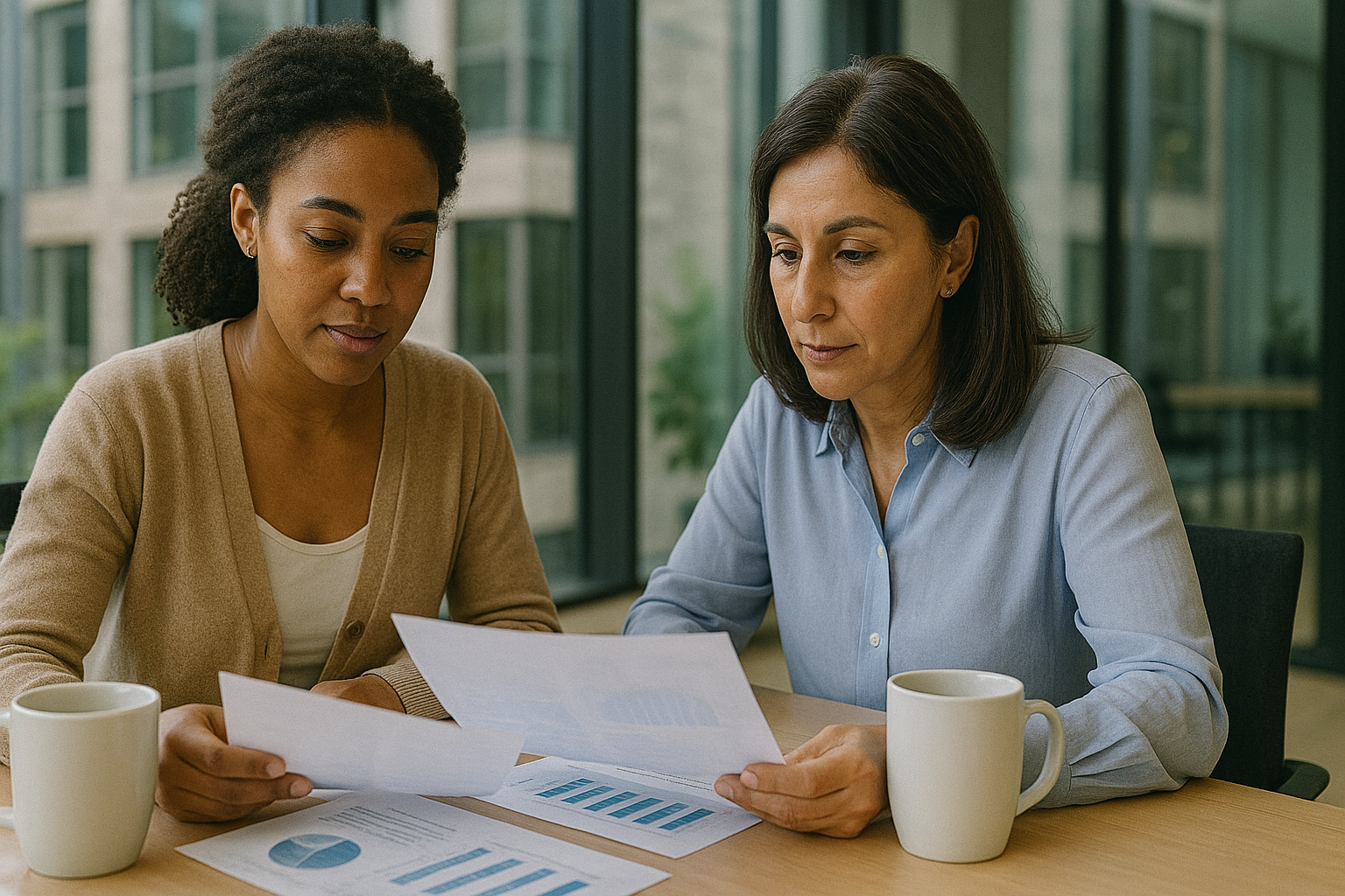 Two women are sitting at a table looking at a piece of paper.