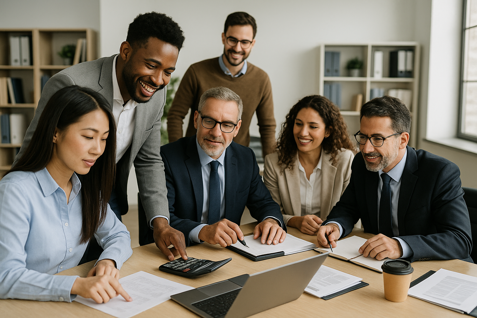 A group of business people are sitting around a table looking at a laptop.