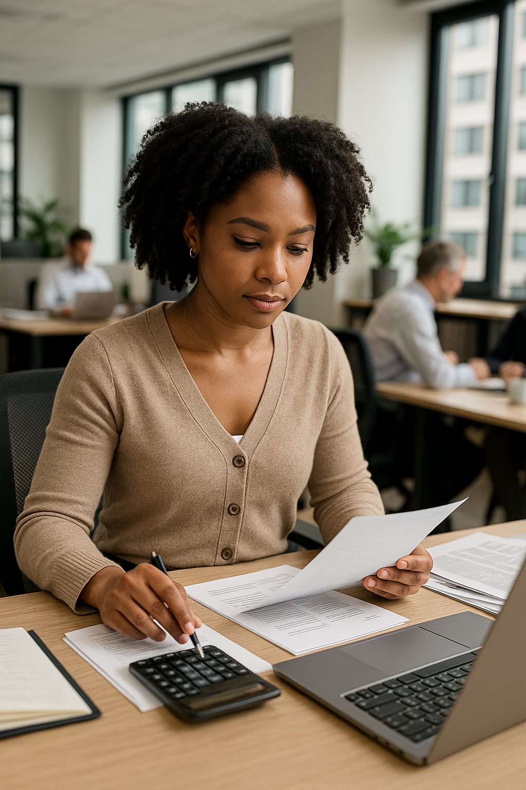 A woman is sitting at a desk with a laptop and a calculator.