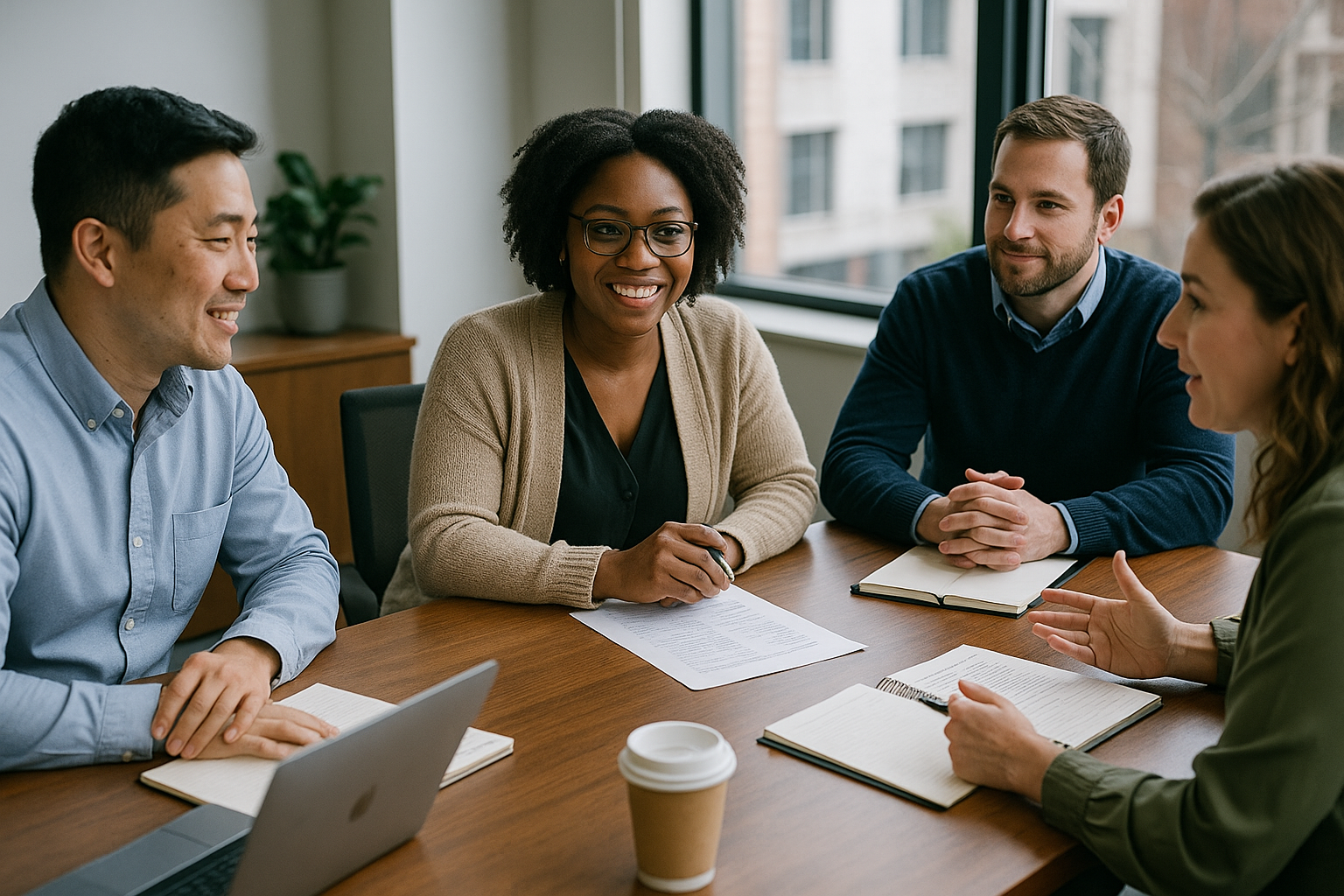 A group of people are sitting around a table having a meeting.