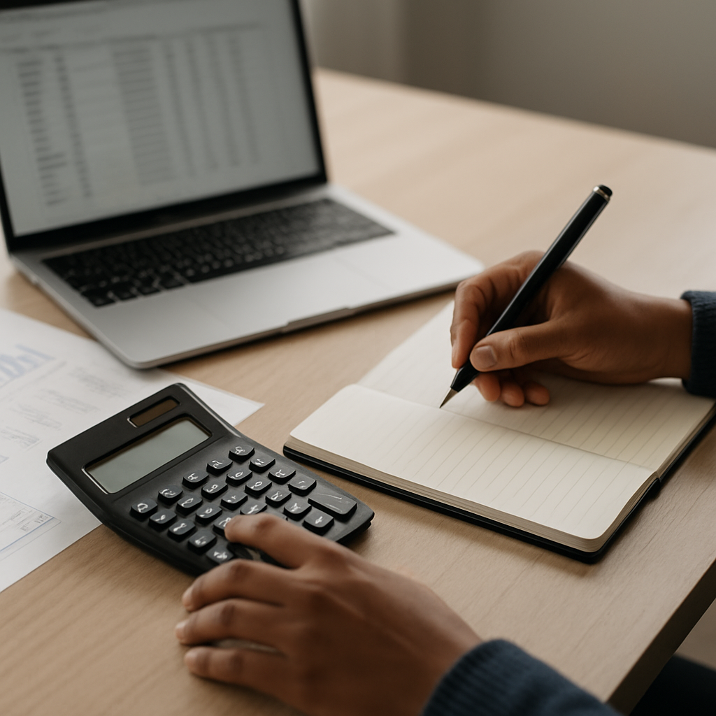 A person is writing in a notebook next to a calculator and a laptop.