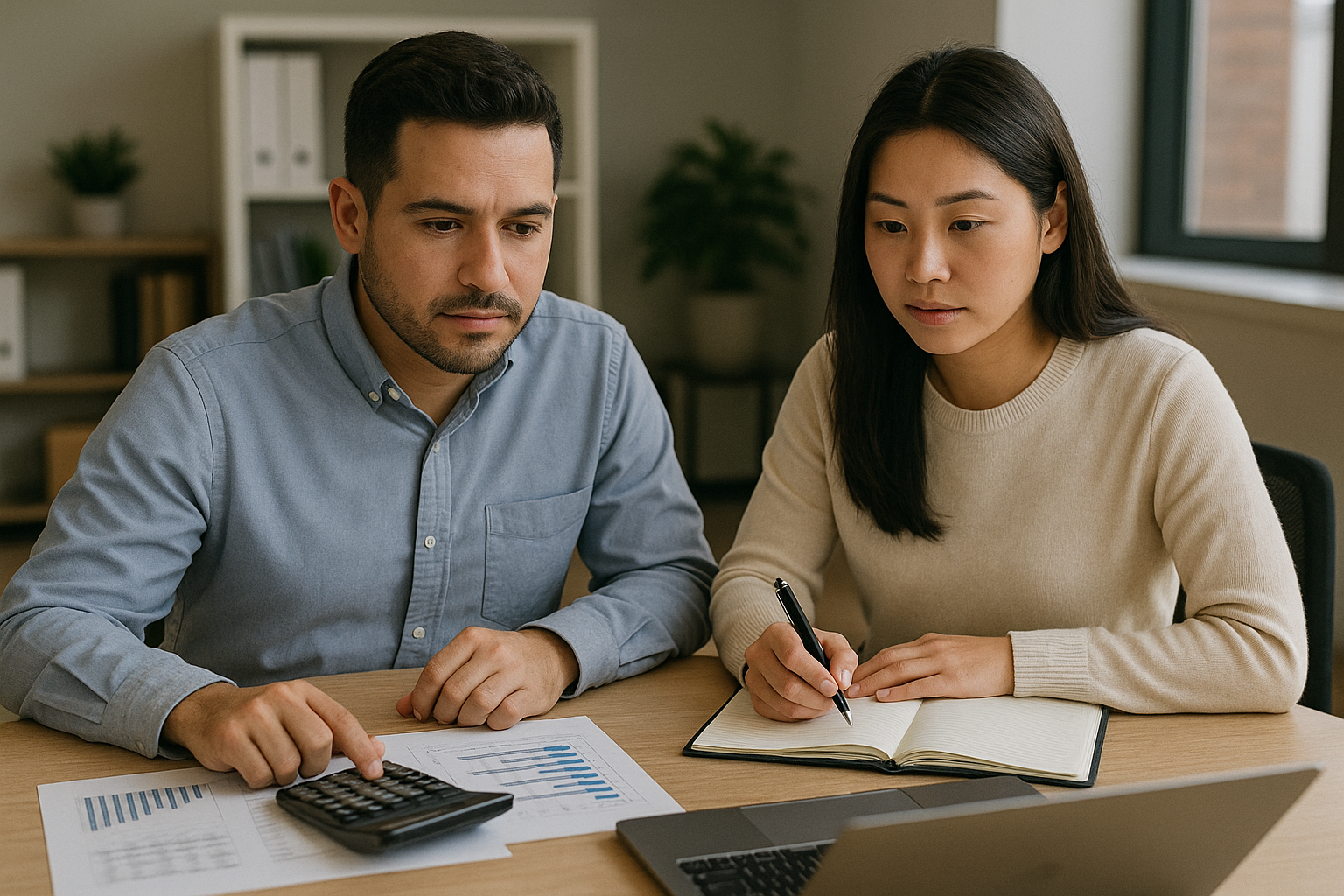 A man and a woman are sitting at a table with a laptop and a calculator.