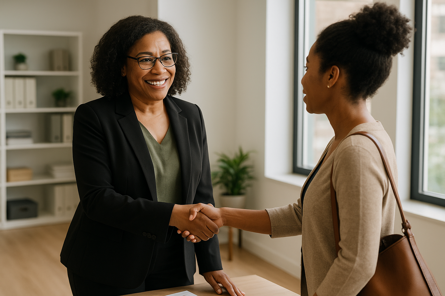A woman is shaking hands with another woman in an office.