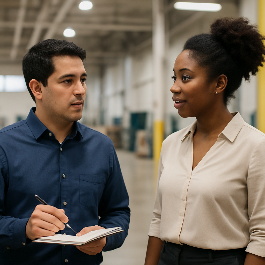 A man and a woman are standing next to each other in a warehouse.