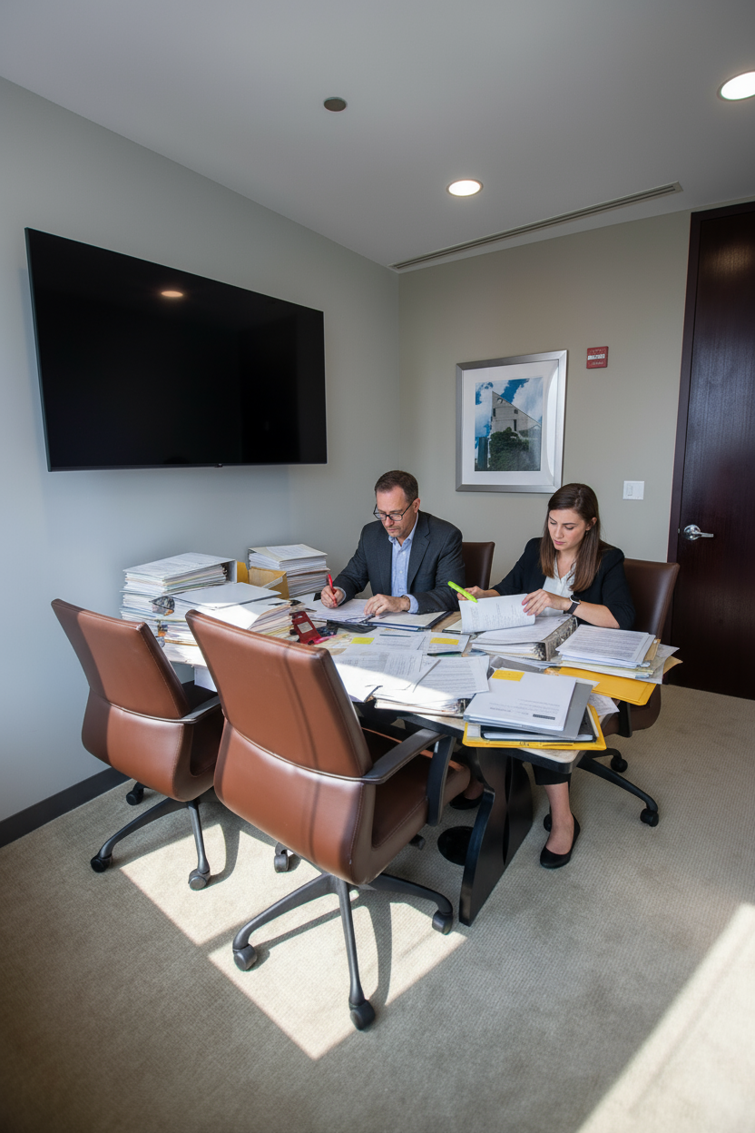 Two people review paperwork at a table in an office; a TV and artwork on the wall.