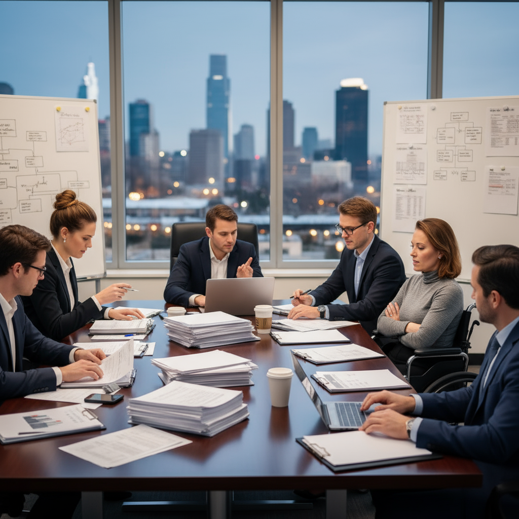 Business meeting in a modern office. People in suits, paperwork, laptops on a table. City skyline in the background.