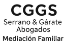 Logo for law firm CGGS: Serrano & Gárate, Abogados, Medición Familiar. Black text on white background.