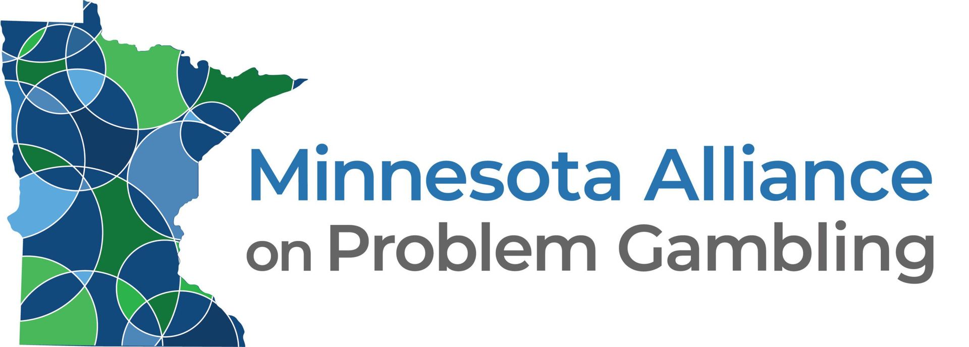 Logo for Minnesota Alliance on Problem Gambling: Minnesota outline with overlapping blue/green circles, text reads 