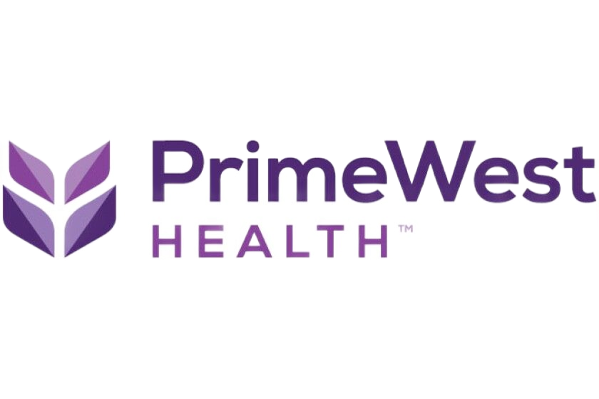 PrimeWest Health logo: purple abstract leaves with 