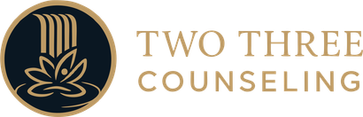 Logo for Two Three Counseling, featuring a blue circular design with a lotus flower and waterfall, with gold text.