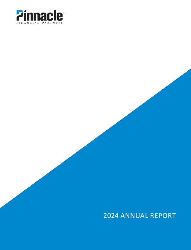 Pinnacle Financial Partners 2024 Annual Report cover. White and blue diagonal design with logo.