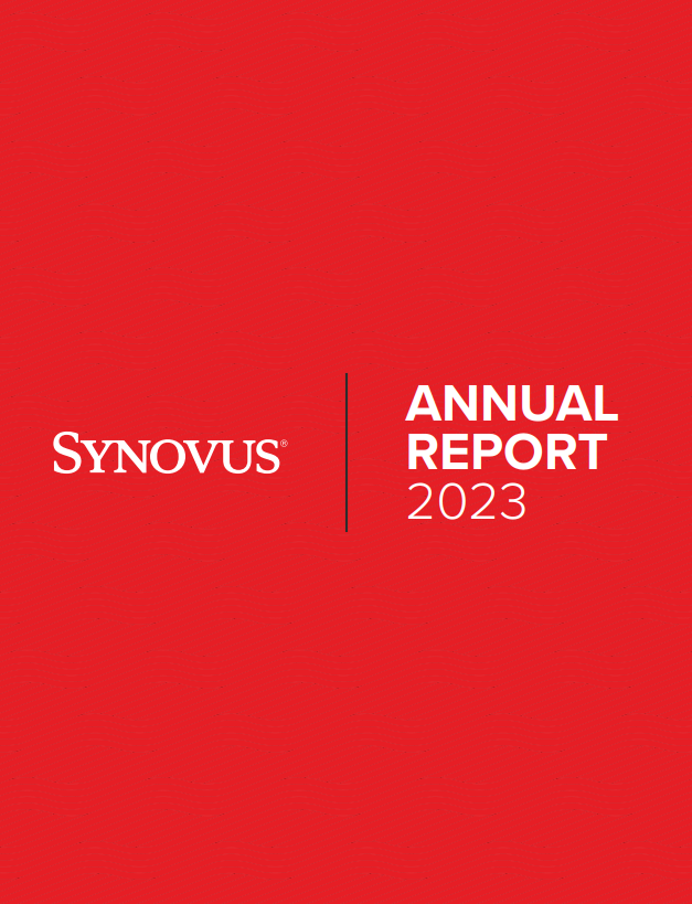 Red cover of the Synovus 2023 Annual Report with the Synovus logo on the left and white text on the right.