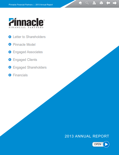 Pinnacle Financial Partners Annual Report cover. White and blue diagonal color-block design.