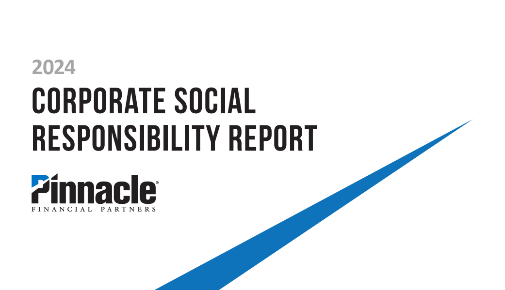 2024 Corporate Social Responsibility Report title with Pinnacle Financial Partners logo and blue arrow on white background.