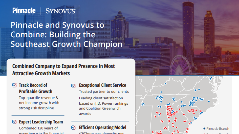 Pinnacle and Synovus merger announcement with skyline, map of branches, and key benefits.
