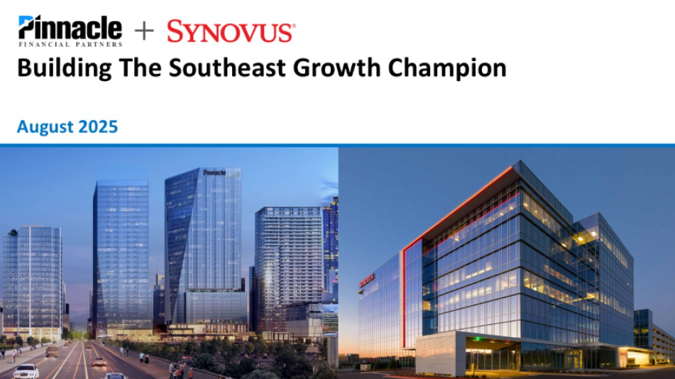 Merger announcement: Pinnacle + Synovus. Rendering of modern buildings with text 