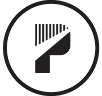 A black and white logo with the letter p in a circle.