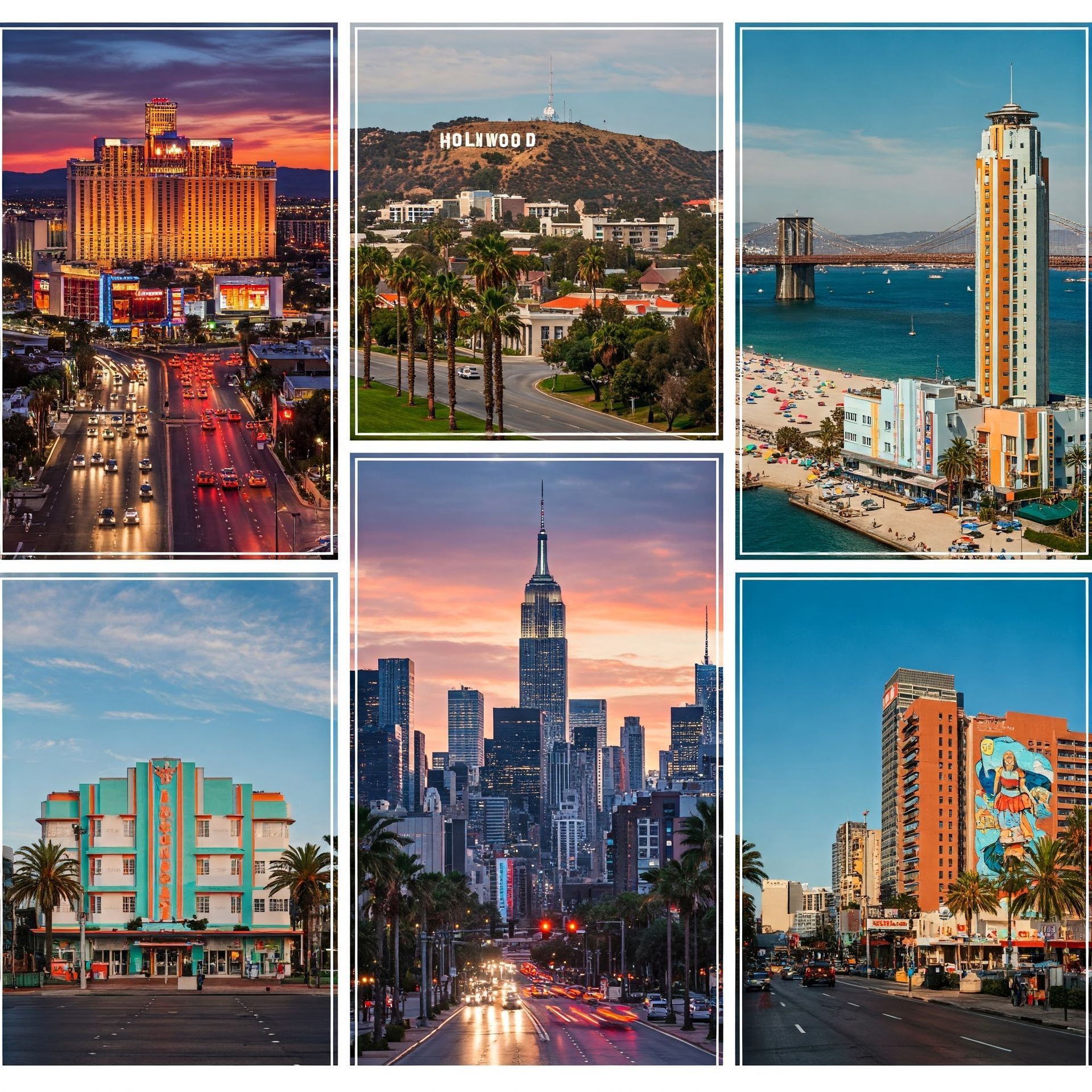 A collage of cityscapes featuring Las Vegas, Los Angeles, New York, Miami, and Austin, highlighting 